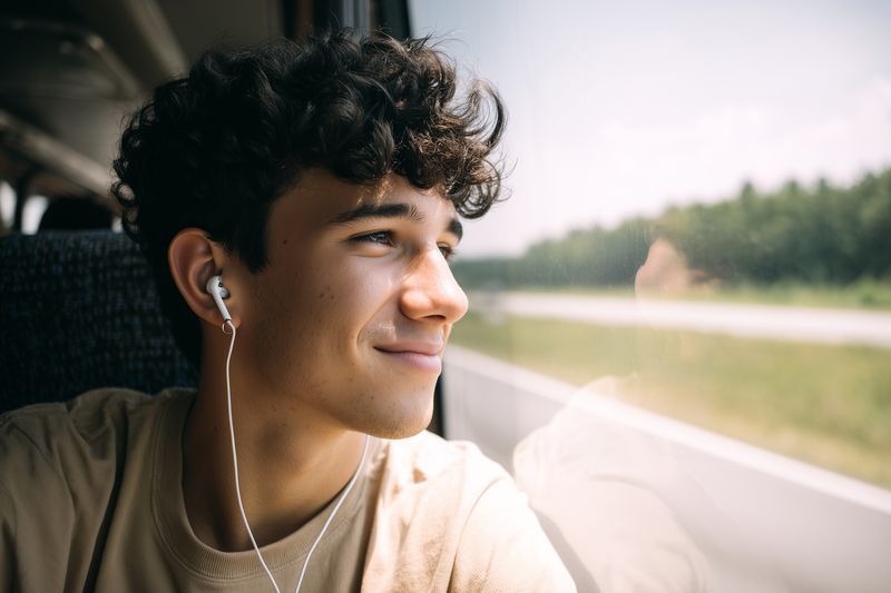 A young man wearing earphones smiles as he gazes out a vehicle window, bathed in warm sunlight while passing peaceful countryside, enjoying a relaxed daytime journey and quiet reflection.