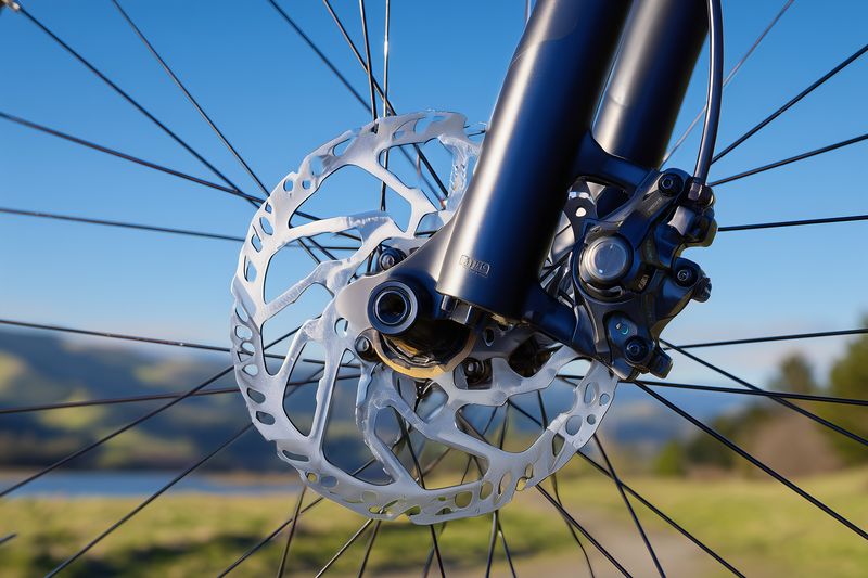 Close-up view of a bicycle disc brake rotor and caliper mounted on a front wheel, highlighting spokes, fork and metallic details against a soft outdoor landscape background.