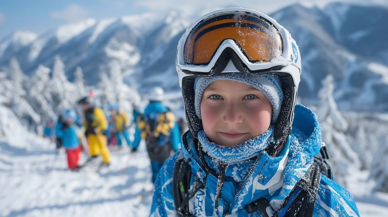 Young child in a blue ski jacket, helmet and frosted goggles smiles broadly on a sunny snow-covered slope, surrounded by fellow skiers, frosty trees and distant mountain peaks.