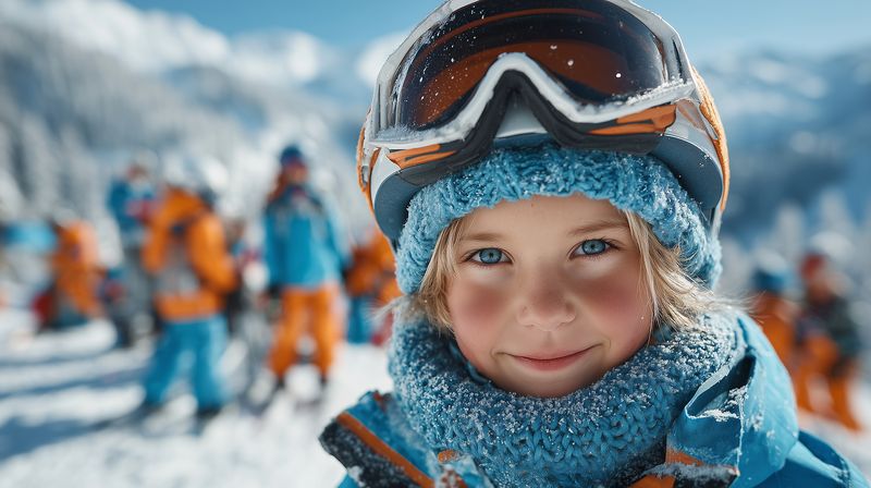Close-up portrait of a smiling child bundled in ski gear with frosted scarf and goggles, standing on a sunlit snowy slope while a blurred group of skiers enjoys a lively winter mountain scene.