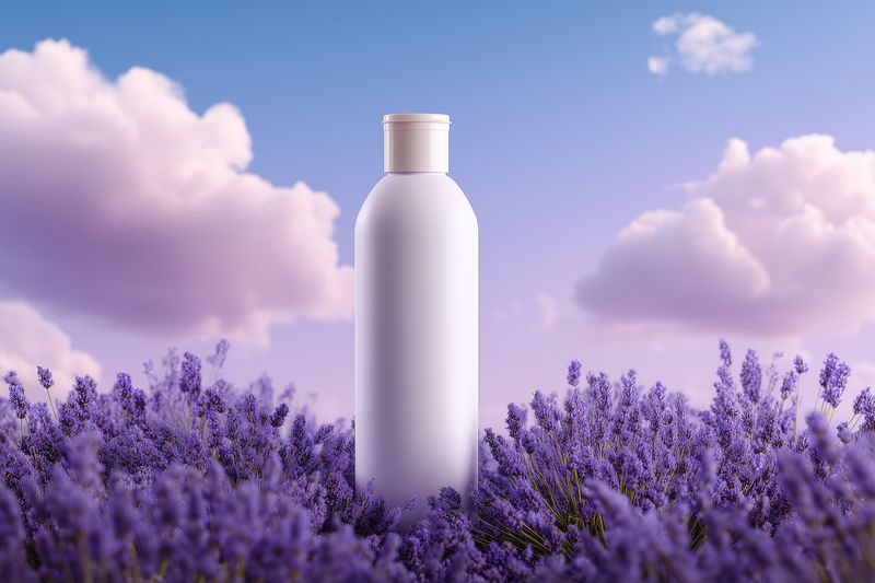 White cosmetic bottle standing amid a lavender field at sunset, surrounded by purple blooms under a pastel sky with soft clouds, evoking calm beauty and natural skincare.