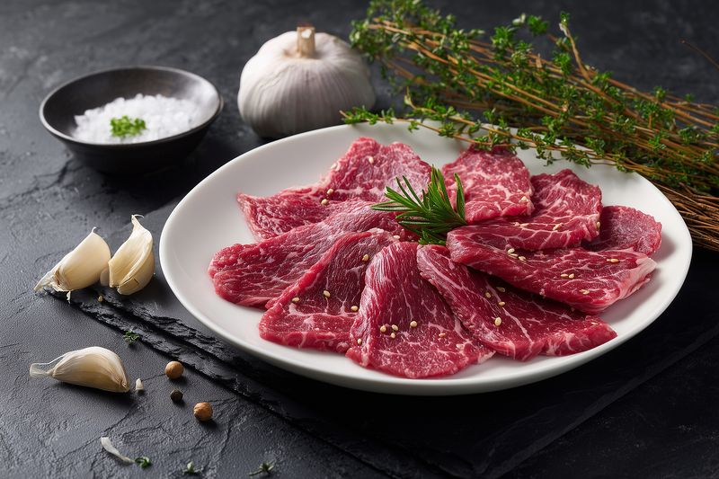 Close-up of thinly sliced raw beef arranged on a white plate with fresh herbs, garlic cloves and sea salt on a dark slate surface, styled for culinary preparation and gourmet presentation.