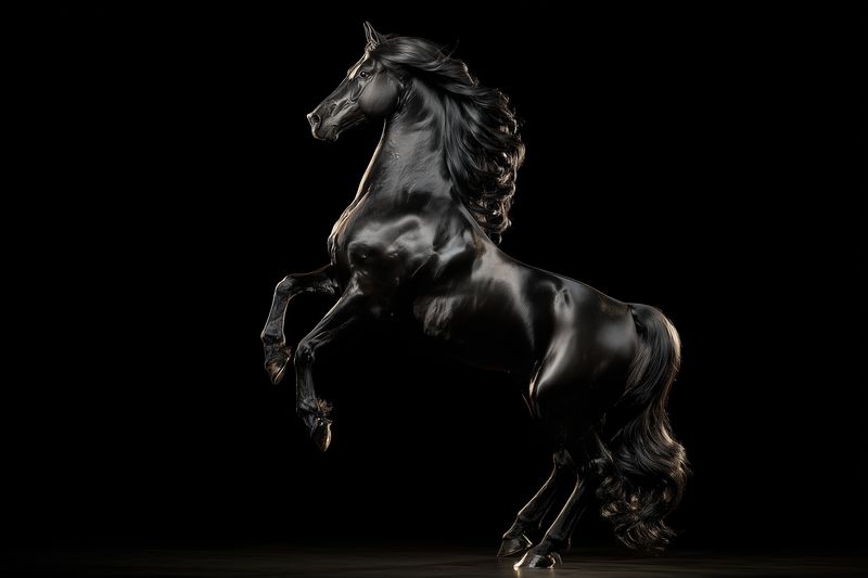 Powerful black horse rearing in dramatic studio lighting, captured mid-motion with flowing mane and muscular form. Elegant dark equine portrait emphasizing strength and grace.