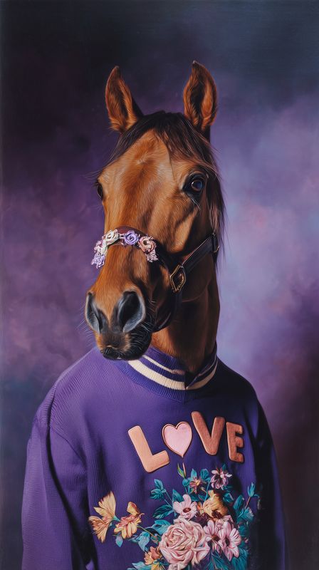 Studio portrait of a brown horse wearing a purple floral sweater with a decorative halter, stylized fashion shoot capturing elegant equine expression and whimsical colorful styling.