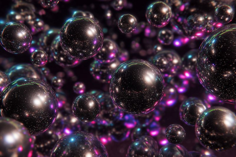 Abstract composition of reflective metallic spheres floating in cosmic space, with starry textures and neon purple and blue lighting creating a futuristic, surreal atmosphere and depth.