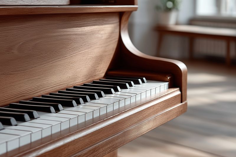 Close-up of a wooden piano keyboard in a sunlit room, showing textured wood grain and white and black keys with soft natural light, evoking music, warmth and classic instrument details.