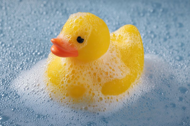 Close-up of a classic yellow rubber duck covered in soap bubbles and foam, floating on water in a bathtub with gentle light and soft splash, a playful bath toy evoking childhood memories.