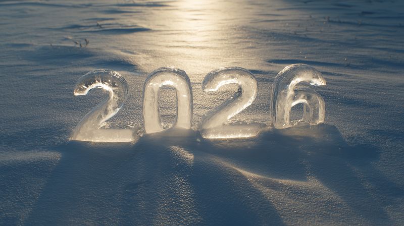 Shiny ice numerals forming a year sit on snow at sunrise, casting long shadows and reflecting warm light across a cold winter surface, symbolizing a new year and hopeful mood.