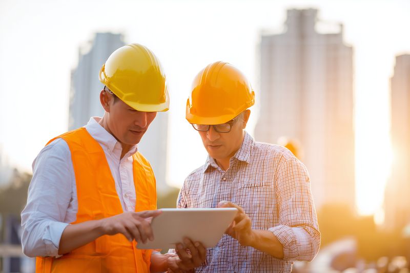 Two construction professionals in hard hats and safety vests review a digital tablet on site during sunset, discussing plans and inspecting urban development progress.