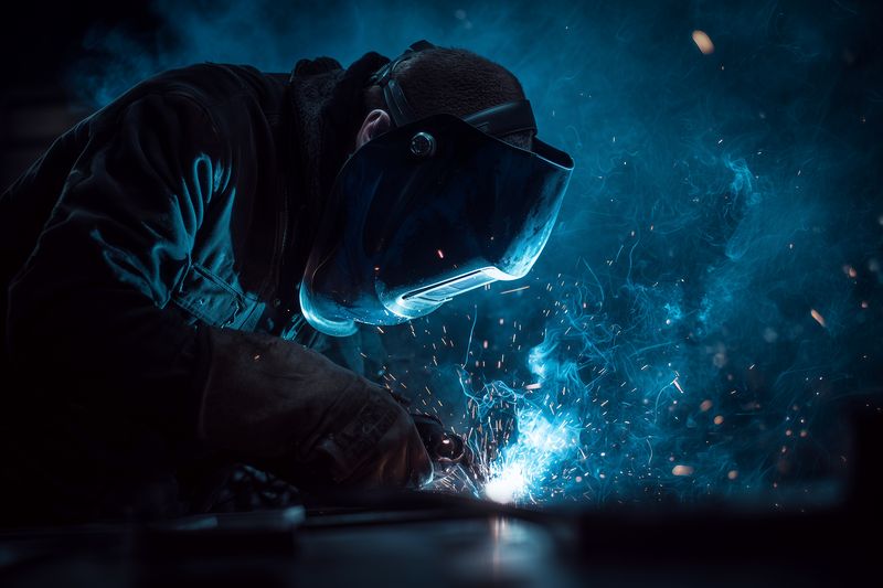 Industrial welder welding metal in a dark workshop producing bright blue sparks and smoke, protective helmet and gloves visible, dramatic low light scene highlighting craftsmanship.