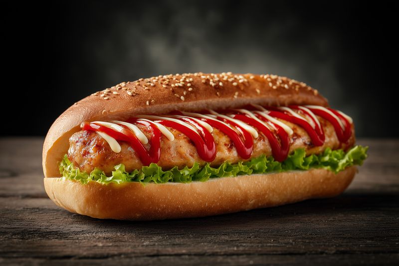 Close-up of a sandwich featuring a crispy chicken sausage drizzled with ketchup and mayonnaise, served in a sesame bun on fresh lettuce against a dark rustic background.