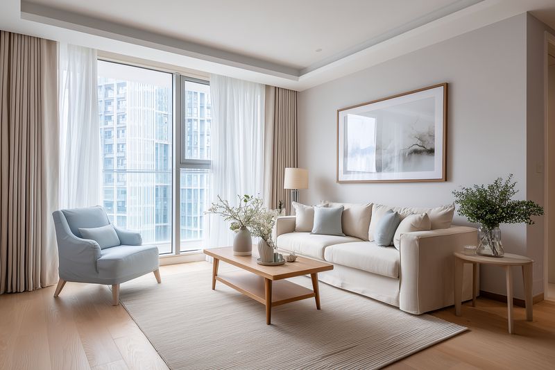 Bright modern living room with neutral palette, soft sofa and armchair, wooden coffee table, textured rug and large windows flooding the space with natural daylight and calm atmosphere.