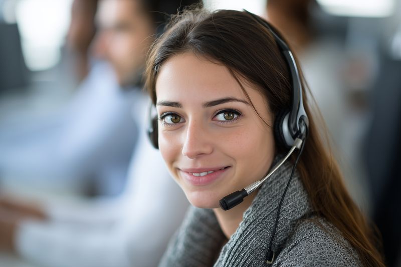 Smiling customer service representative wearing a headset in a bright modern office environment, engaging on a call with a friendly attentive expression and professional demeanor.