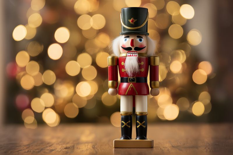 Traditional wooden nutcracker soldier standing on a wooden table with festive golden bokeh lights in the background, creating a warm holiday and Christmas atmosphere.