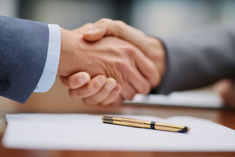 Business partners shaking hands over a signed contract with a pen on the table, closeup of a professional handshake representing agreement, trust and a successful corporate deal.