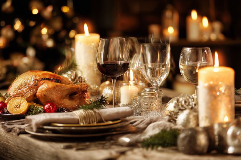 A cozy festive dinner table with roasted turkey, glowing candles and elegant glassware, creating a warm holiday atmosphere with sparkling ornaments and refined table setting.