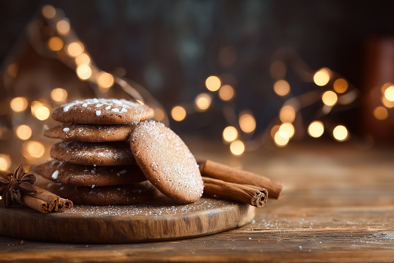 Stack of spiced cookies dusted with powdered sugar on a wooden board, accompanied by cinnamon sticks and star anise, warm bokeh lights creating cozy holiday atmosphere.
