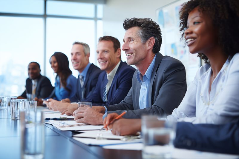 Diverse group of professionals seated at a conference table in a modern office, attentively listening and smiling during a corporate meeting while taking notes and engaging in discussion.