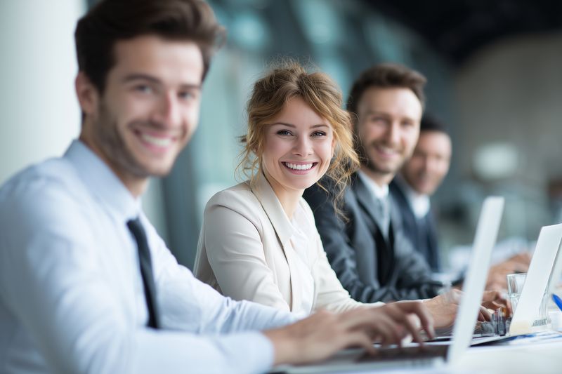 Smiling young professionals seated in a modern conference room, working on laptops and collaborating during a business meeting, conveying teamwork, confidence and productive atmosphere.