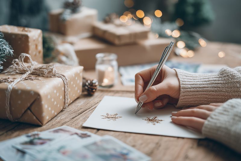 Warm holiday atmosphere with hands writing a Christmas greeting card on a wooden table, surrounded by wrapped presents, soft bokeh lights, pinecones, and cozy seasonal decor.