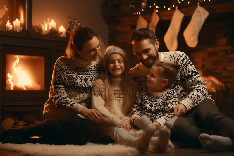 Cozy family portrait by a glowing fireplace shows parents and children in matching knit sweaters sitting on a soft rug, sharing warm smiles, gentle embraces, twinkling lights and a festive rustic