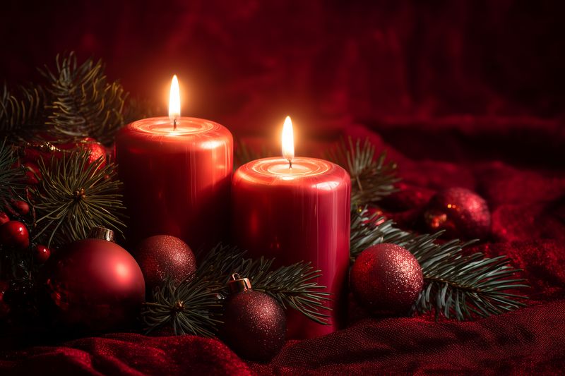 Warm still life of two glowing red candles surrounded by evergreen branches and red baubles on velvet fabric, creating a cozy festive atmosphere ideal for holiday decoration and mood.
