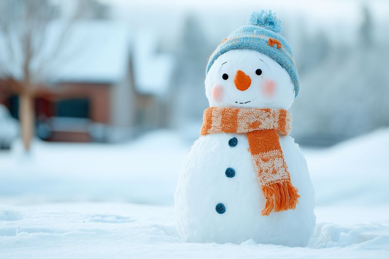 Cute snowman with knitted hat and orange scarf stands on snowy yard in soft winter light, shallow depth of field captures frosty details and cozy seasonal atmosphere.