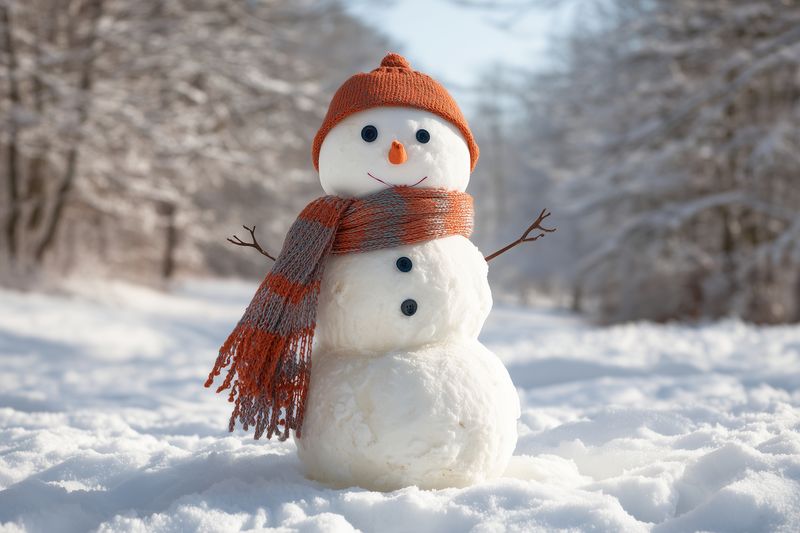 Cute snowman wearing orange hat and striped scarf stands in a sunlit snowy forest path, with carrot nose, button eyes and twig arms creating a charming winter scene.