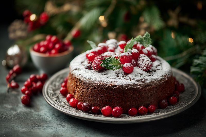 Rustic holiday cake dusted with powdered sugar and topped with fresh cranberries and mint leaves on a decorative plate, surrounded by seasonal decorations and warm bokeh lights.