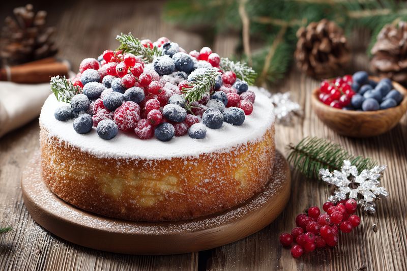 Creamy cheesecake topped with powdered sugar and fresh berries, styled with frosted spruce sprigs and pinecones for a rustic festive dessert scene, close-up.