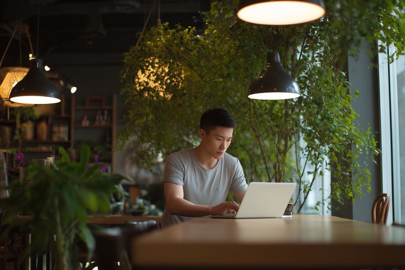 Young man working on a laptop in a cozy cafe surrounded by plants and warm hanging lights, focused on the screen in a relaxed remote work setting and urban lifestyle.