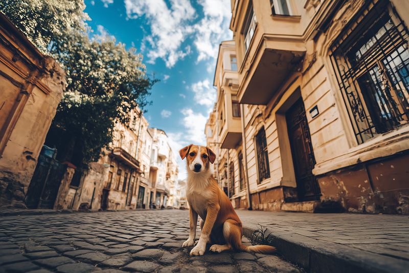 A small brown and white dog sits on a sunlit cobblestone street between historic buildings, looking toward the camera under a bright blue sky with scattered clouds.