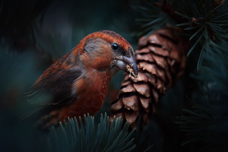 Close-up portrait of a red songbird feeding on a pine cone in a dark evergreen forest, highlighting detailed feathers, textured beak and moody woodland atmosphere.