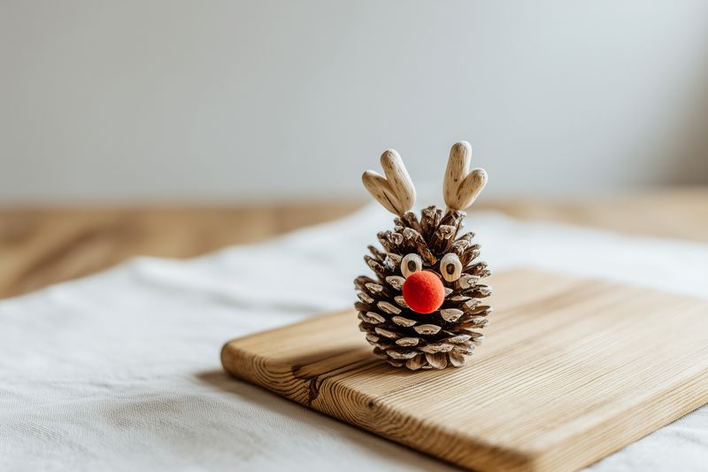 Handmade pinecone reindeer craft resting on a wooden board, decorated with small antlers, googly eyes and a red pompom nose, evoking cozy holiday and rustic seasonal charm.