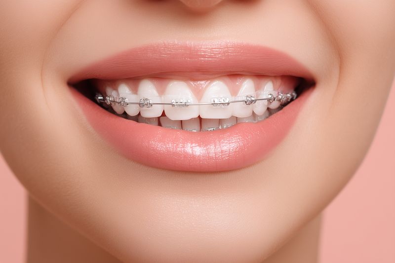 Close-up of a smiling mouth with metal braces on teeth, showing healthy lips and smooth skin, orthodontic treatment concept highlighting dental care and confident oral health.