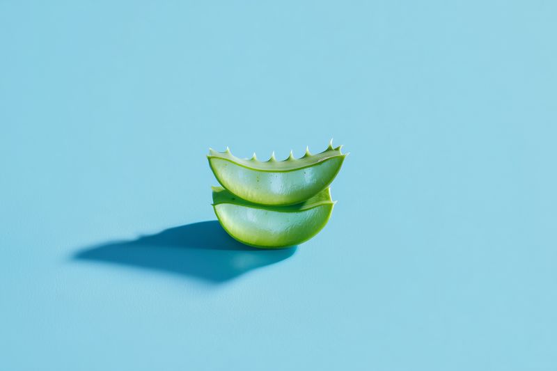 Fresh aloe vera leaf halves stacked on a blue background casting a soft shadow, minimalist composition highlighting the translucent gel texture and botanical simplicity.