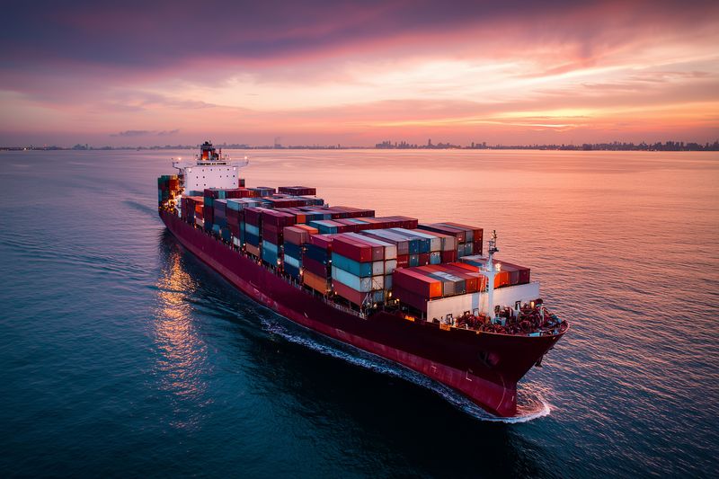 Aerial view of a large container ship sailing across calm ocean waters at sunset, loaded with colorful shipping containers and creating a reflective wake under dramatic sky.