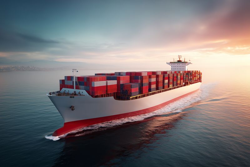 Large container ship sailing across calm ocean at sunset, loaded with colorful stacked containers, showcasing maritime logistics, freight transport and global commercial shipping operations.