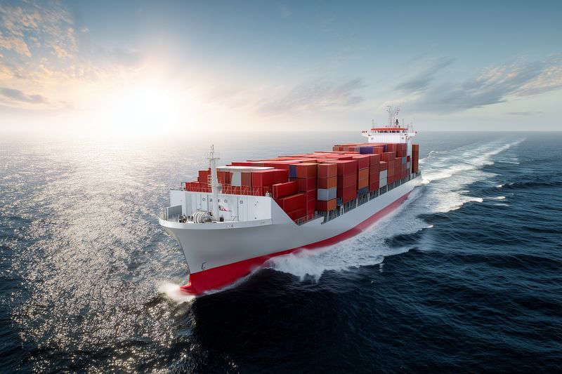 A large container ship sails across the open ocean at sunrise, carrying stacked cargo containers. Sunlight glitters on the water as the vessel cuts through waves.