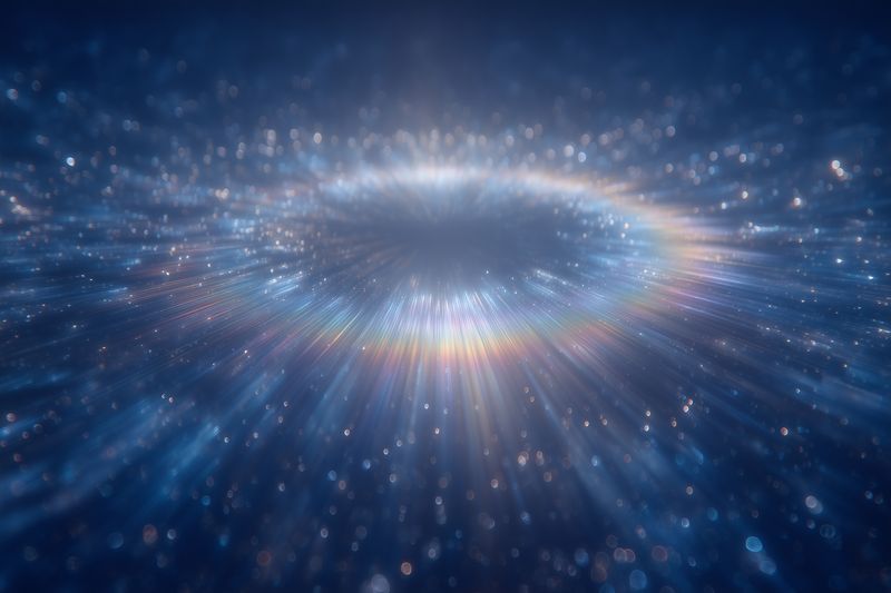 Abstract glowing circular portal with shimmering particles and radial light streaks over a bokeh field, creating a futuristic, cosmic atmosphere and dynamic sense of depth.