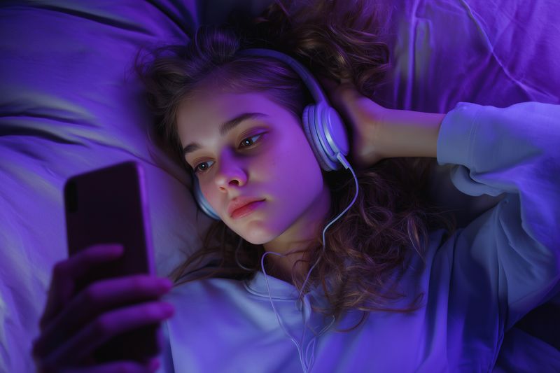 A young woman lies on a bed bathed in purple mood lighting, wearing over-ear headphones and gazing at a smartphone screen, capturing a quiet relaxed evening with soft textiles.