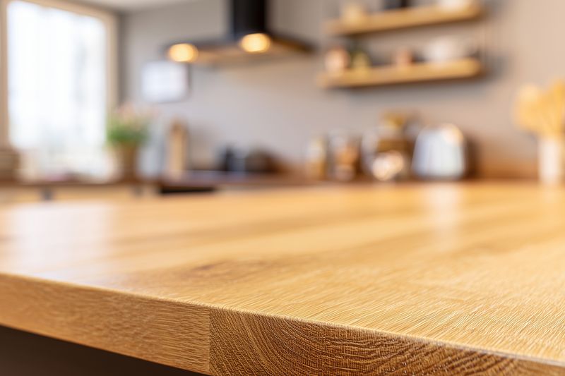 Close-up view of a wooden tabletop with sharp texture and visible grain in the foreground and a softly blurred kitchen interior in the background, perfect for product staging.