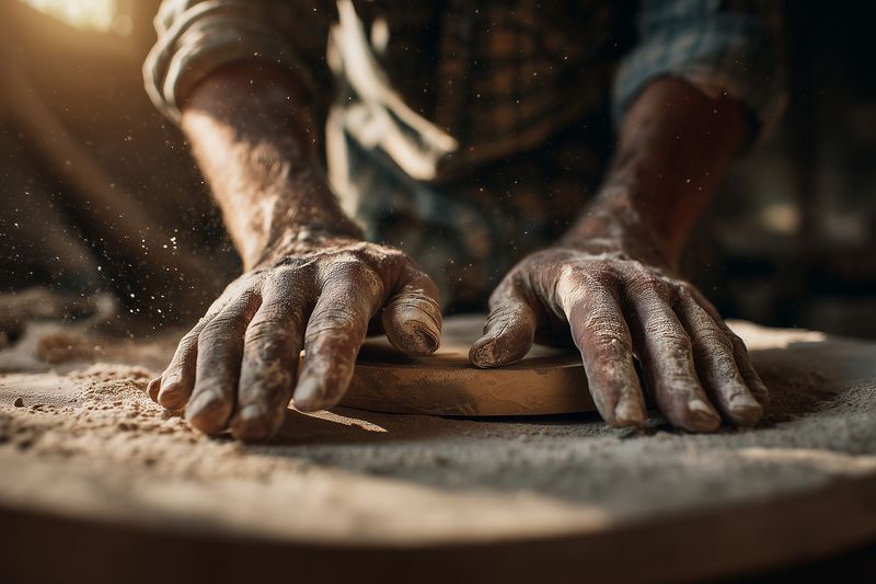 Closeup of a baker's flour-dusted hands shaping dough on a wooden surface, capturing artisanal technique, texture and warm light in a rustic kitchen environment for culinary storytelling.