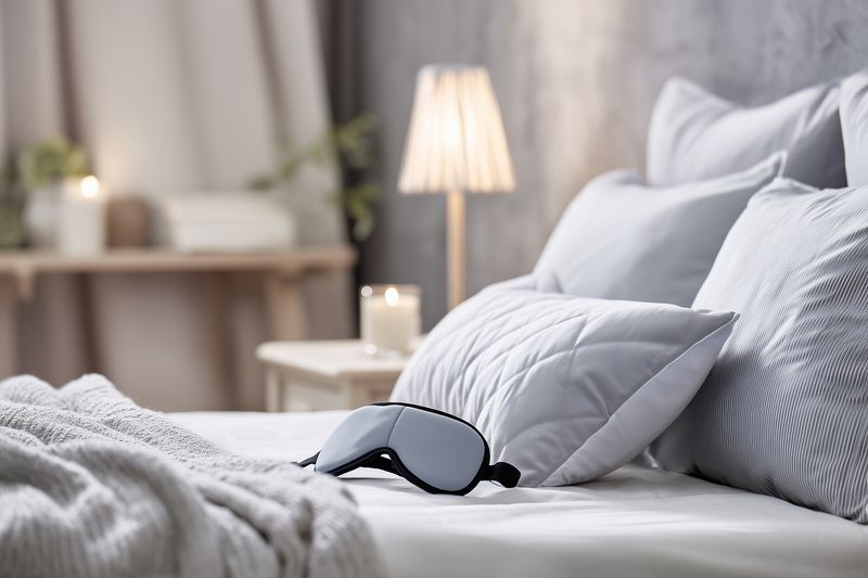 Cozy bedroom scene with a soft sleep mask resting on neatly made bed linens, surrounded by plush pillows, textured blanket, warm lamp light and candle glow in neutral tones.