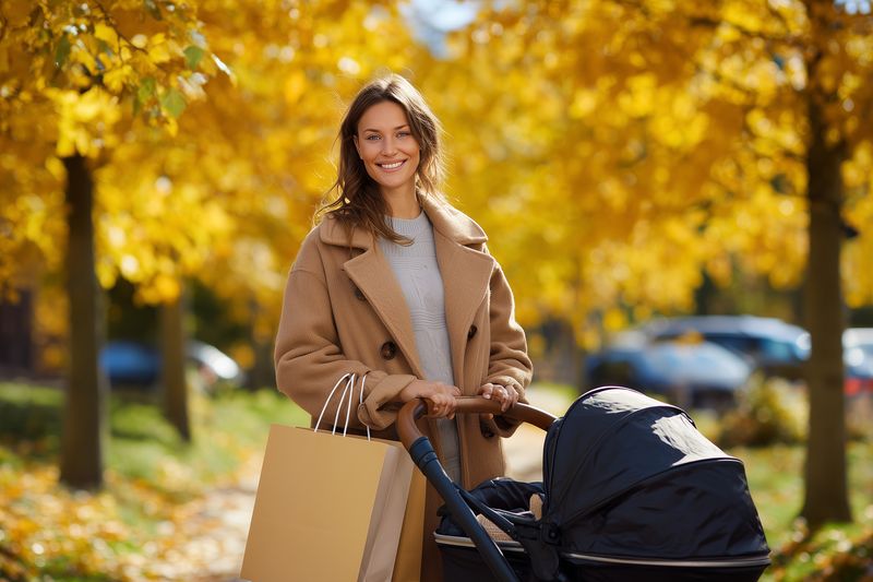 Young woman walking in an autumn park with a baby stroller and shopping bag, smiling and enjoying golden fall foliage and warm sunlight, dressed in a cozy coat and knitwear.