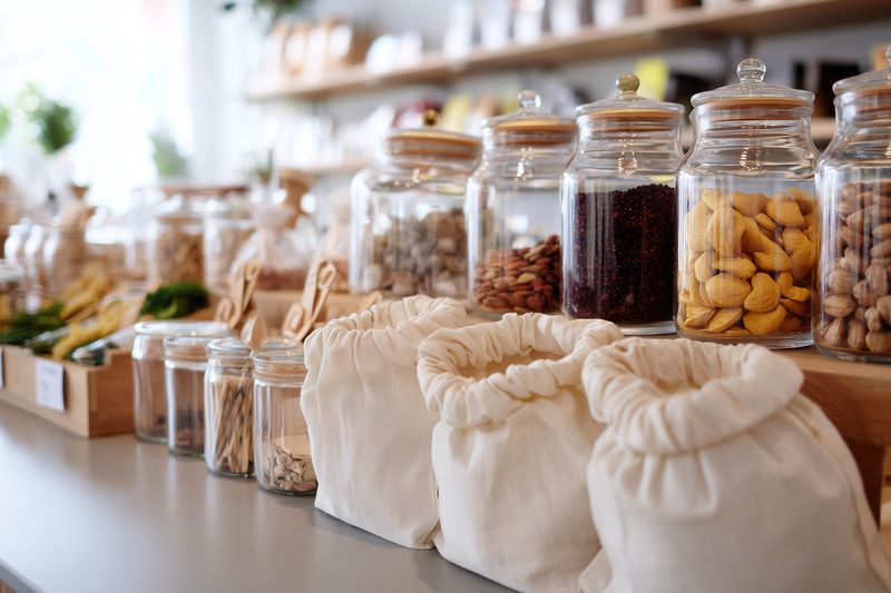 Zero waste bulk food display with glass jars, wooden lids and refillable cloth bags filled with nuts, seeds and grains, showcasing sustainable shopping and ecofriendly life.