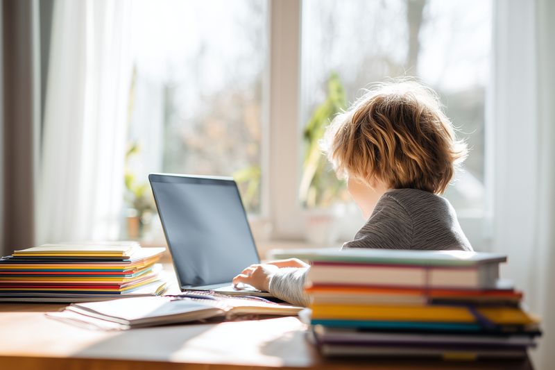Young student sitting at a sunlit table working on a laptop surrounded by stacks of colorful books, studying or doing homework in a bright home learning environment.