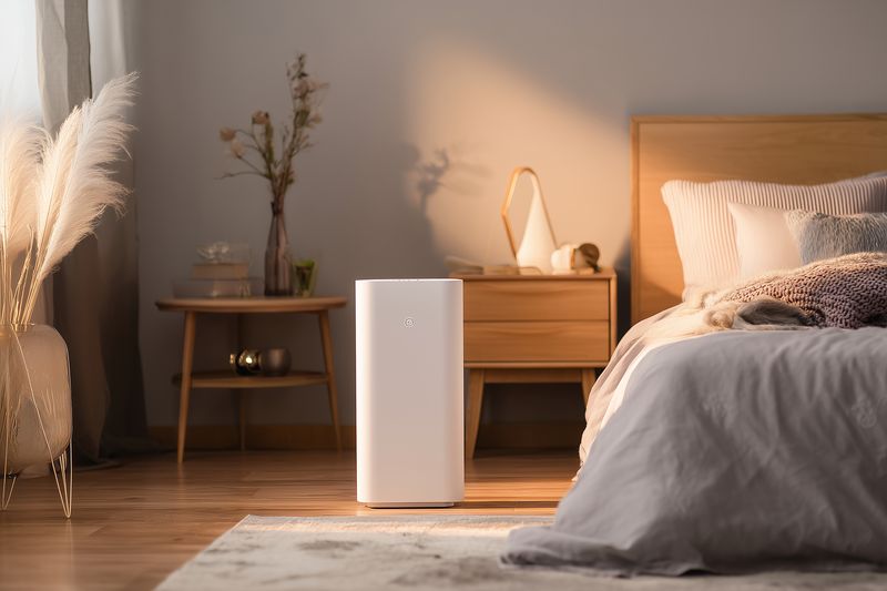 Modern white air purifier standing in a cozy bedroom beside a wooden nightstand, soft sunlight casting warm shadows, neatly made bed and decorative pampas grass creating a serene atmosphere.