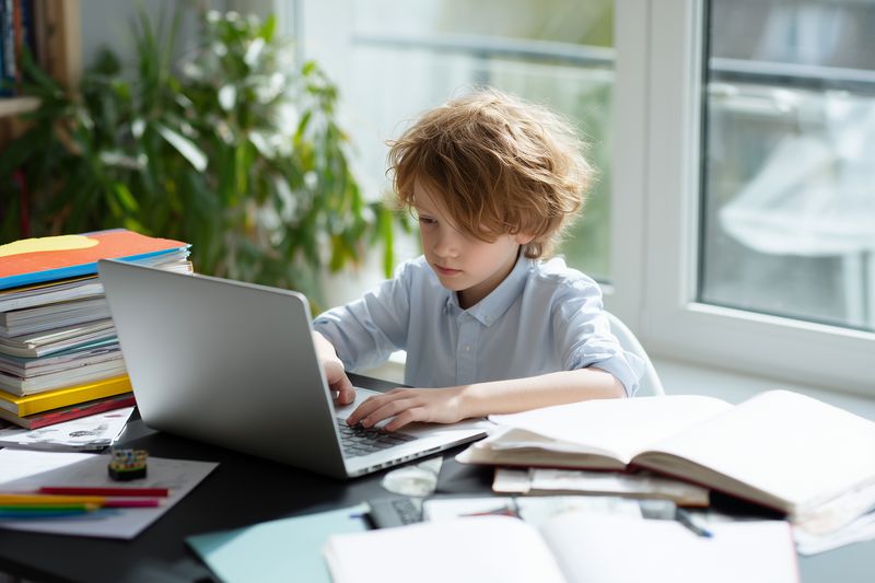 Young student concentrating on online learning at a cluttered desk, typing on a laptop surrounded by open books, notebooks, stationery and natural window light.