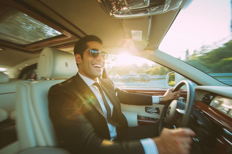 Young businessman in a suit drives a luxury car at sunset, smiling confidently while wearing sunglasses. Interior shows leather seats, wood trim and warm sun flare ambiance.